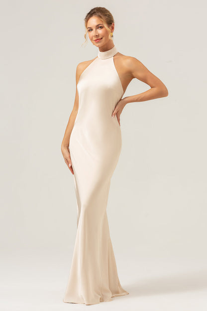 Champagne Halter Long Bridesmaid Dress with Back Slit