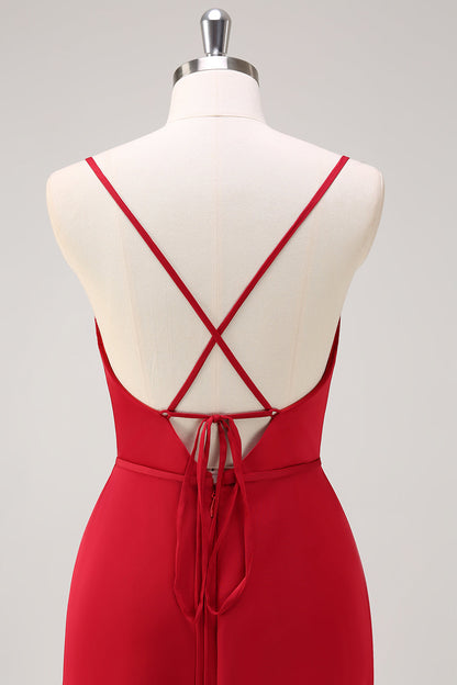 Swing Collar Burgundy Spaghetti Straps Long Bridesmaid Dress with Slit