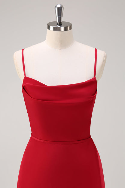 Swing Collar Burgundy Spaghetti Straps Long Bridesmaid Dress with Slit