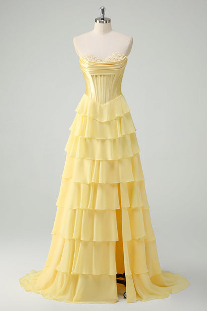 Plus Size Yellow A-Line Tiered Sweetheart Long Prom Dress with Slit