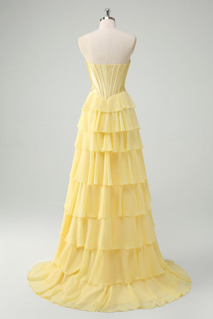 Plus Size Yellow A-Line Tiered Sweetheart Long Prom Dress with Slit