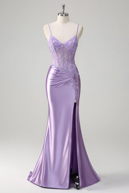 Plus Size Floral Lilac Mermaid Long Corset Prom Dress with Slit