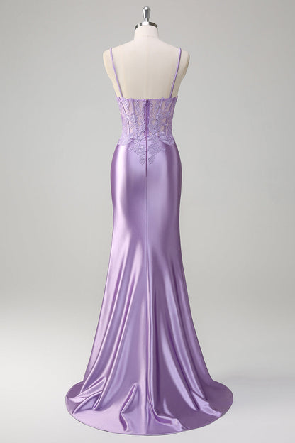 Plus Size Floral Lilac Mermaid Long Corset Prom Dress with Slit