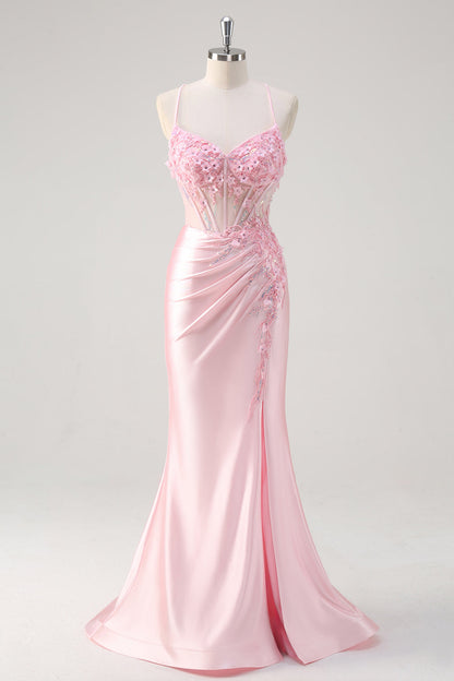 Plus Size Pink Floral Mermaid Spaghetti Straps Long Prom Dress with Slit