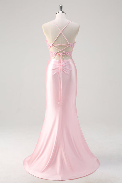 Plus Size Pink Floral Mermaid Spaghetti Straps Long Prom Dress with Slit