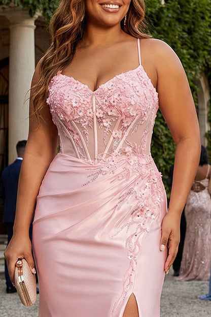 Plus Size Pink Floral Mermaid Spaghetti Straps Long Prom Dress with Slit