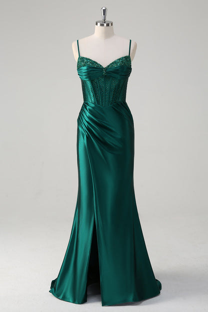Dark Green Plus Size Mermaid Sequins Spaghetti Straps Long Prom Dress with Slit