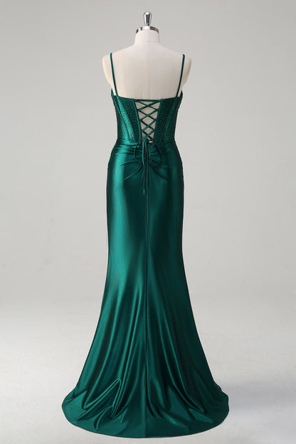 Dark Green Plus Size Mermaid Sequins Spaghetti Straps Long Prom Dress with Slit