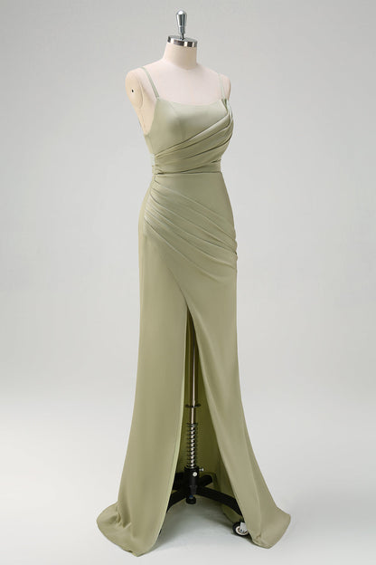 Sage Mermaid Spaghetti Straps Ruched Long Bridesmaid Dress with Slit