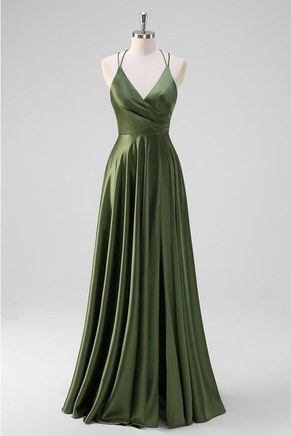 Olive A-Line Spaghetti Straps Long Bridesmaid Dress with Slit