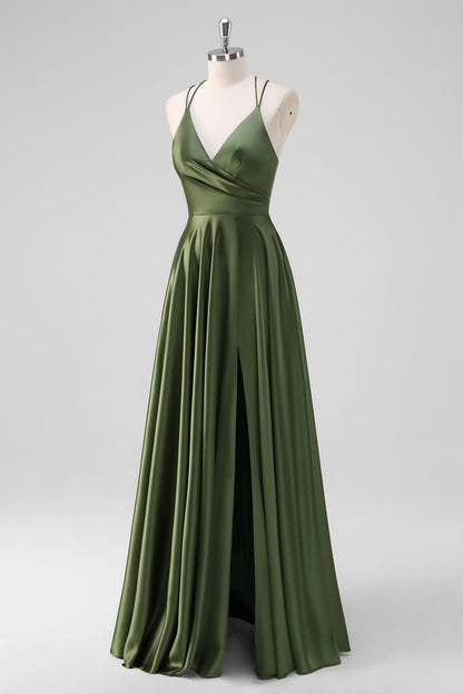 Olive A-Line Spaghetti Straps Long Bridesmaid Dress with Slit