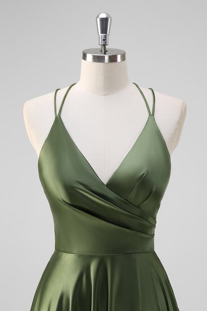 Olive A-Line Spaghetti Straps Long Bridesmaid Dress with Slit