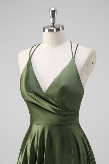 Olive A-Line Spaghetti Straps Long Bridesmaid Dress with Slit