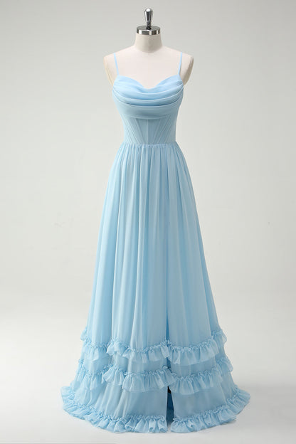 Dusty Sage A Line Ruffled Long Bridesmaid Dress With Slit