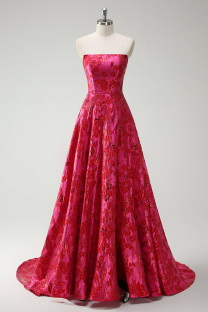 Plus Size Fuchsia Strapless Floral A Line Strapless Long Prom Dress with Slit