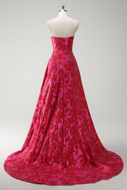 Plus Size Fuchsia Strapless Floral A Line Strapless Long Prom Dress with Slit