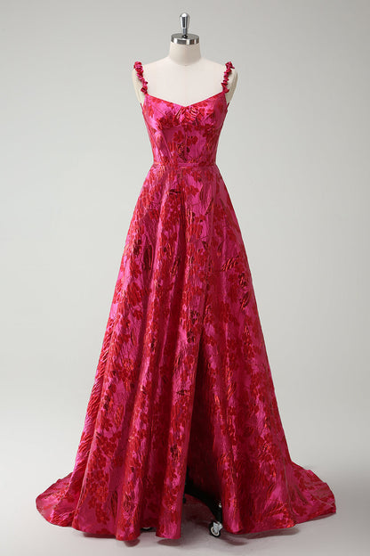 Plus Size Floral Fuchsia Spaghetti Straps A Line Long Prom Dress with Slit