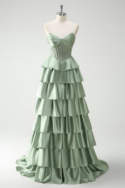 Sparkly Green A Line Plus Size Tiered Long Corset Prom Dress with Ruffles