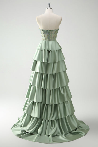 Sparkly Green A Line Plus Size Tiered Long Corset Prom Dress with Ruffles