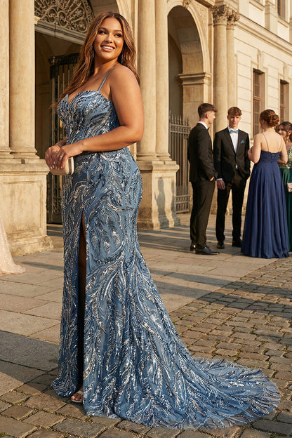 Plus Size Sparkly Twilight Mermaid Sequins Beaded Spaghetti Straps Long Prom Dress