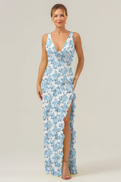Blue Flower Mermaid Ruffles Long Bridesmaid Dress with Slit