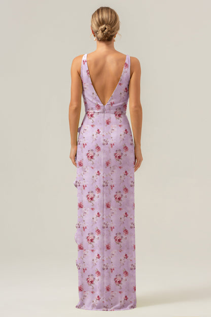 Blue Flower Mermaid Ruffles Long Bridesmaid Dress with Slit