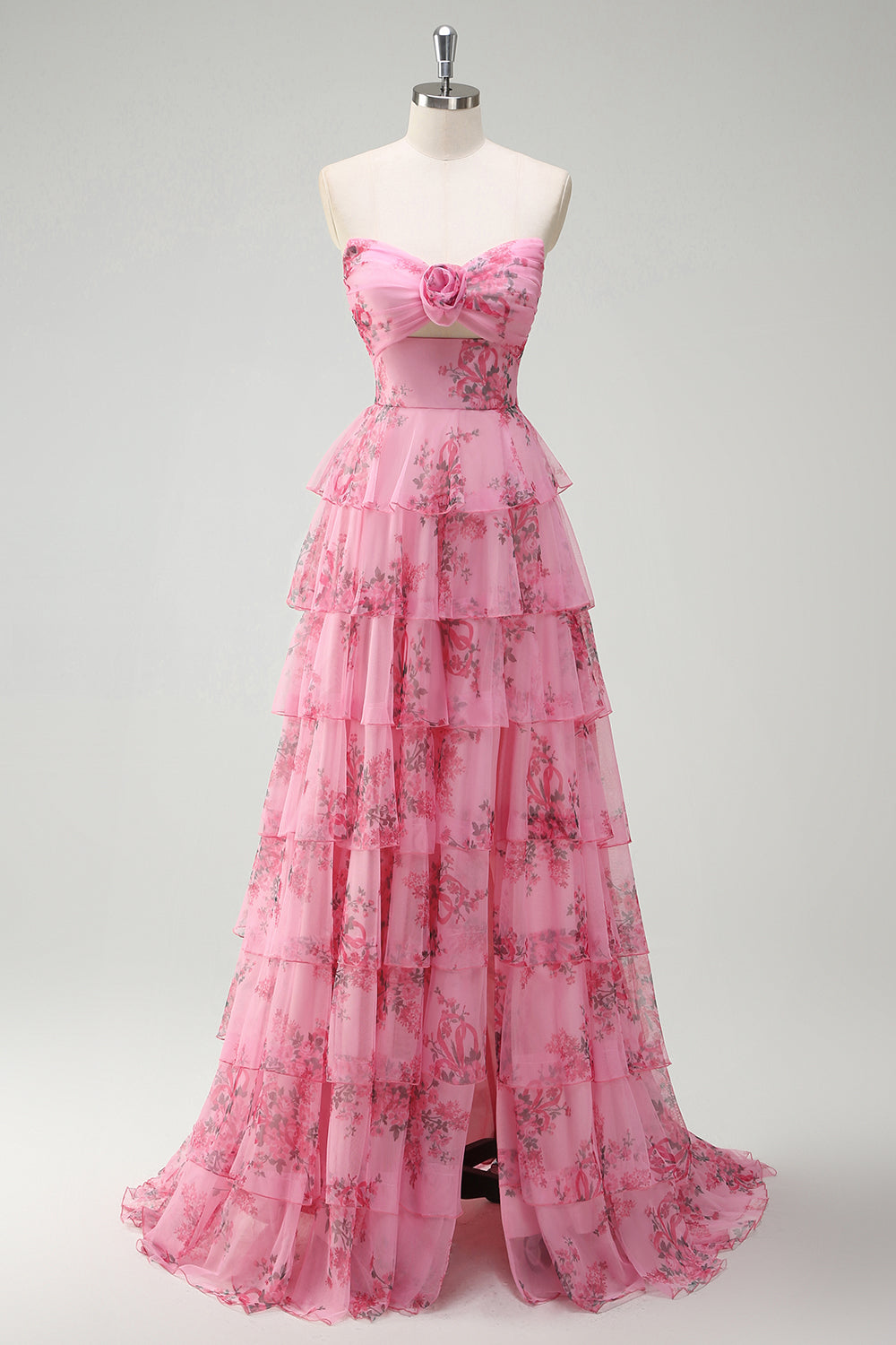 Plus Size Floral Blush Chiffon A Line Prom Dress with Slit