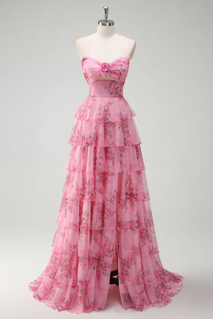 Plus Size Floral Blush Chiffon A Line Prom Dress with Slit