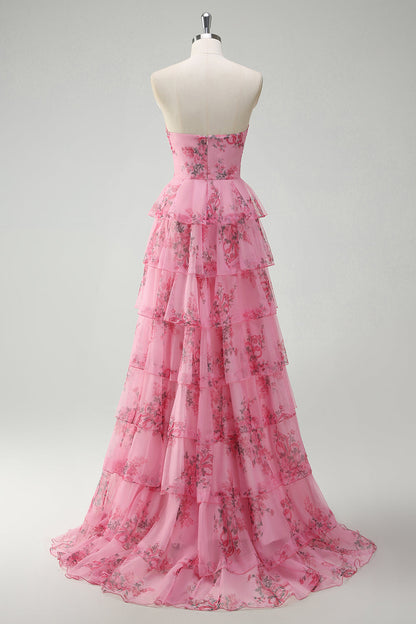 Plus Size Floral Blush Chiffon A Line Prom Dress with Slit
