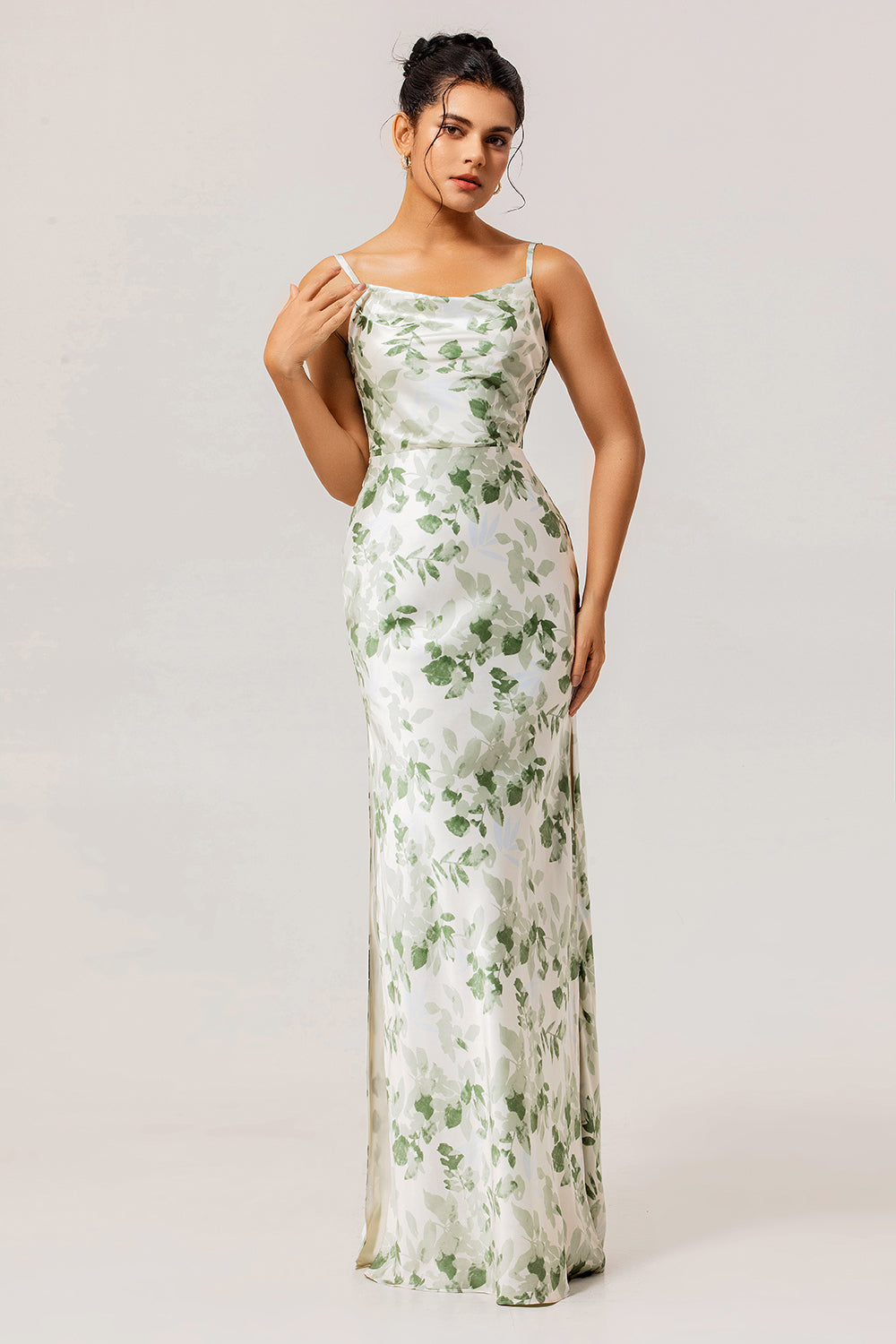 Floral Green Mermaid Spaghetti Straps Long Bridesmaid Dress