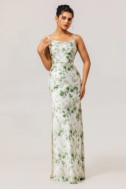 Floral Green Mermaid Spaghetti Straps Long Bridesmaid Dress