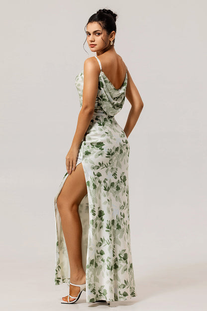 Floral Green Mermaid Spaghetti Straps Long Bridesmaid Dress