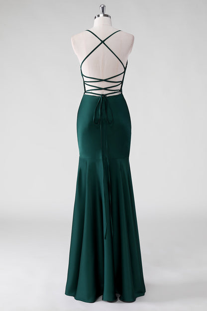 Pine Satin Mermaid Spaghetti Straps Long Bridesmaid Dress with Slit