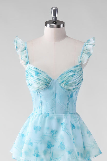 Blue Floral Corset A Line Ruffled Long Bridesmaid Dress with Slit