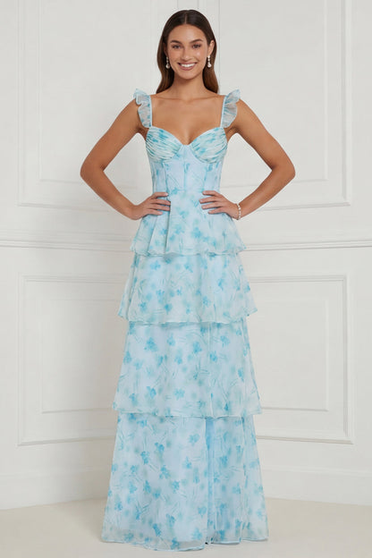Blue Floral Corset A Line Ruffled Long Bridesmaid Dress with Slit