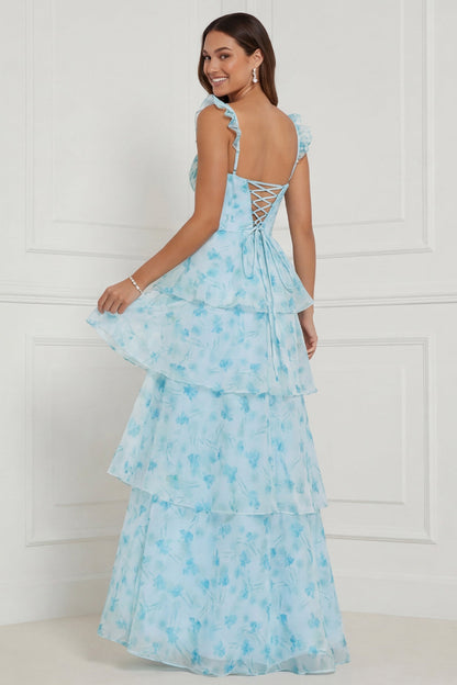 Blue Floral Corset A Line Ruffled Long Bridesmaid Dress with Slit