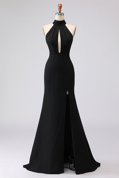 Plus Size Black Satin Mermaid Halter Neck Long Formal Dress