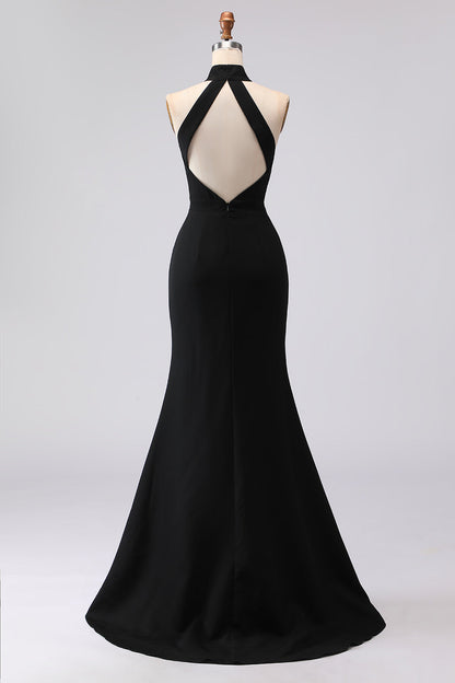 Plus Size Black Satin Mermaid Halter Neck Long Formal Dress