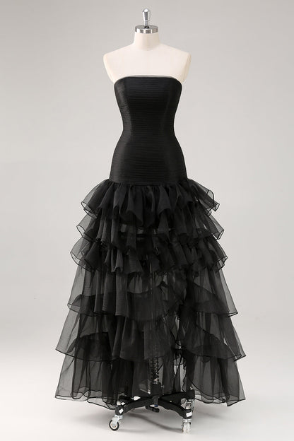 Plus Size A Line Black Strapless Tiered Formal Dress with Slit