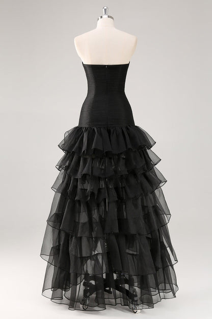 Plus Size A Line Black Strapless Tiered Formal Dress with Slit
