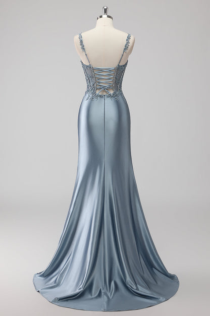 Plus Size Sparkly Grey Blue Satin Mermaid Long Corset Prom Dress with Slit