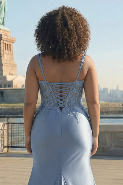 Plus Size Sparkly Grey Blue Satin Mermaid Long Corset Prom Dress with Slit
