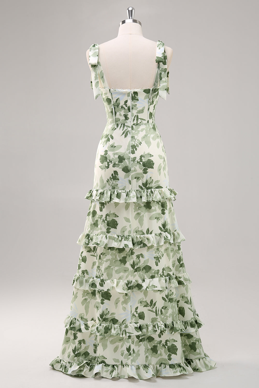 Green Flower A Line Square Neck Ruffled Long Bridesmaid Dress with Slit