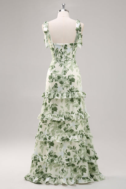Green Flower A Line Square Neck Ruffled Long Bridesmaid Dress with Slit