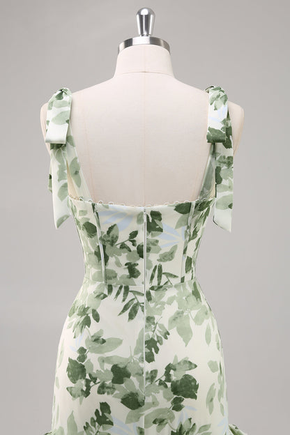 Green Flower A Line Square Neck Ruffled Long Bridesmaid Dress with Slit