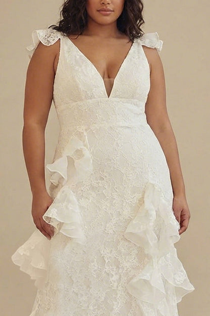 White Plus Size V-Neck Lace A-Line Long Little White Dress with Ruffles