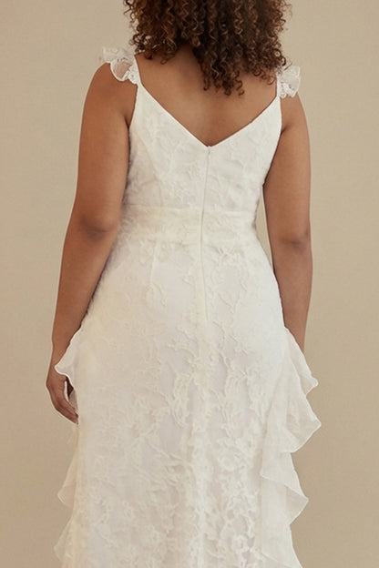 White Plus Size V-Neck Lace A-Line Long Little White Dress with Ruffles
