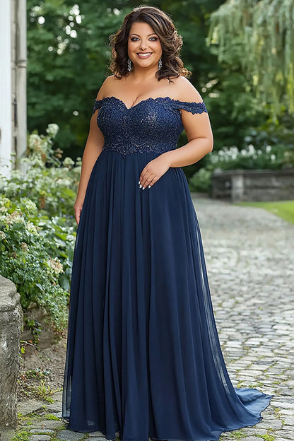 Elegant Navy Off the Shoulder A-Line Chiffon Long Mother of the Bride Dress with Lace