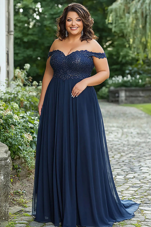 Elegant Navy Off the Shoulder A-Line Chiffon Long Mother of the Bride Dress with Lace