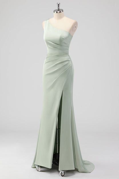 Sage Green One Shoulder Sheath Satin Long Bridesmaid Dress